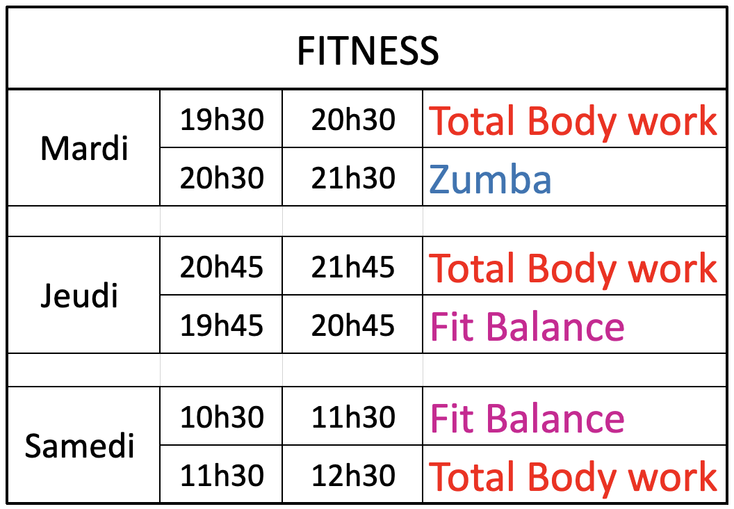 Planning de la fitness pour la saison 2022/2023