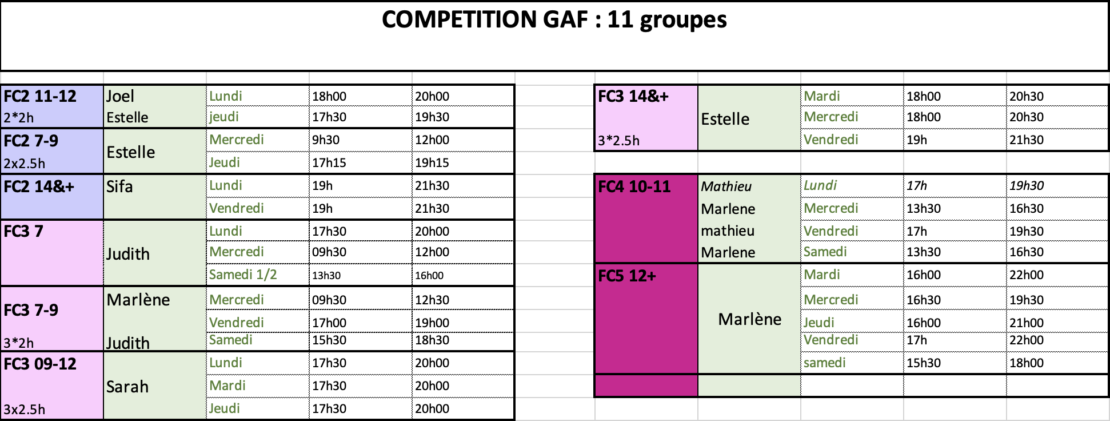 Planning Gymnastique Artistique Féminine - Compétition 2022/2023